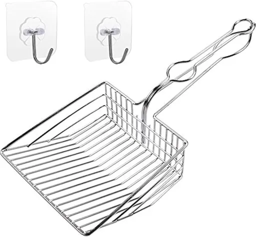 Metal Cat Litter Scoop, Fast and Clean Clumping Kitty Litter Scooper with Holder, Flat Ledging Edge, Large Solid and Comfy! All Metal Fun Maker, Say No to Dirty and Loose Handle,1+2pcs