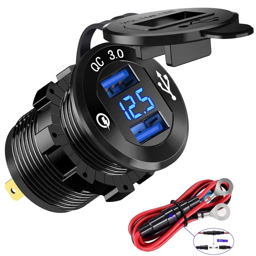 Dual USB Charger Socket, USB Cigarette Lighter Socket with LED Voltmeter, Waterproof Aluminum Car Charger Adapter DIY Kit