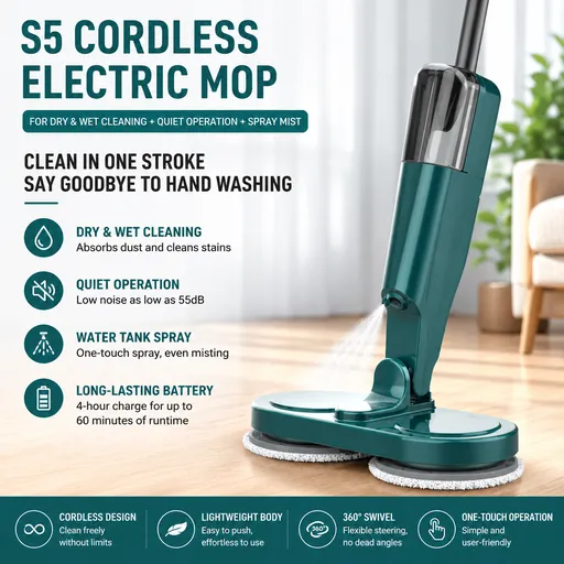 S5 Green Cordless Electric Spin Mop with Spray Function USB Rechargeable Floor Cleaner - Dual Rotating Mop Heads, Wet and Dry Cleaning, Lightweight Home Cleaning Solution for Hard Floors