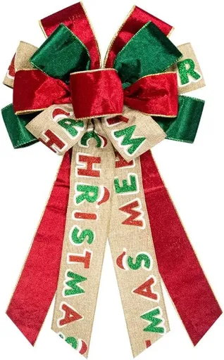 Large Christmas Bow for Wreath, Green Red Velvet Bows for Front Door Wall Fence Decor, Merry Christmas Words Wreath Bow Tree Topper Bow for Winter Christmas Party Decoration Supplies
