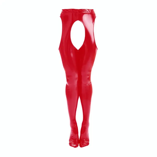 House Of Dasein Shiny Leather Pantyhose Solid Colour Glossy Crotchless Stockings - Red - M