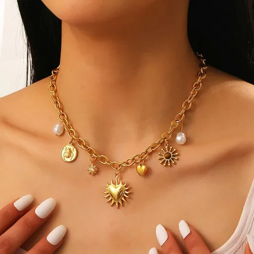 Bohemian-Style Multi-Charm Gold-Plated Necklace, Sun-Motif Heart-Shaped Pearl Cuban Chain, Trendy Women's Fashion Jewelry