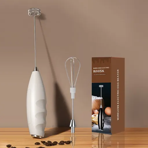 #07 White Handheld Electric Milk Frother - Battery Powered Dual Whisk with One Touch Control, Detachable Easy Clean Stainless Steel Heads for Coffee Milk Foam and Baking