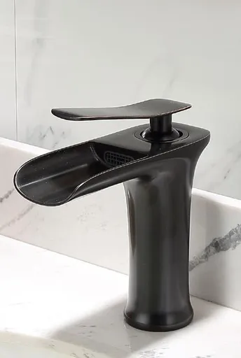 Basin Hot and Cold Water Faucet – Waterfall Spout, Antique Brushed Finish, Short Model, Vintage Bathroom Sink Mixer Tap - Black - Size 135mm