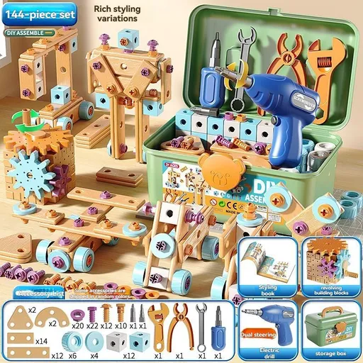 DIY assembly toy, wooden building set, electric drill toy for kids, educational construction toy, creative puzzle set, children's tool kit, Australian toy, hand-eye coordination toy - Multi - Size 144pcs