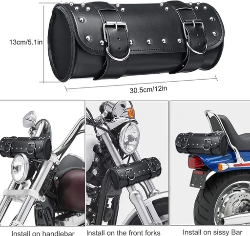 Motorcycle Tool Bag, Universal Leather Handlebar Bag, Motorcycle Saddlebags, Fork Bags Tool Pouch with 2 Straps Compatible , Black