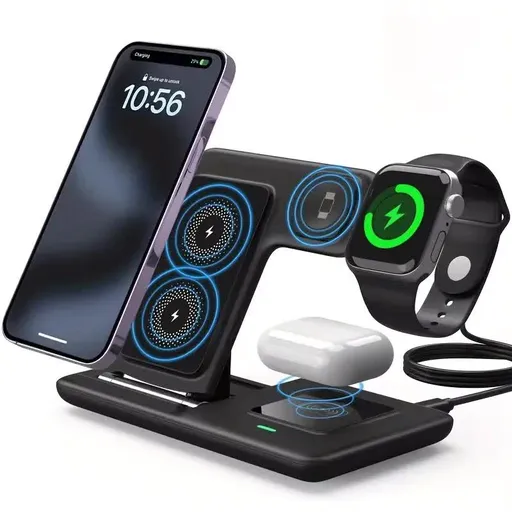 Multi-device 3-in-1 Foldable Wireless Charging Station | iWatch Series 9 8 7 6 SE 5 4 3 2, Ultra Airpods Pro 3 2, iPhone 17/16/15/14/13/12/11 Rapid Charging Stand - Magnetic Connector, USB Power Supply