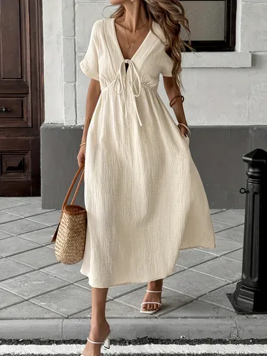 XL Light Yellow Women's Bohemian Deep V-Neck Maxi Dress | Elegant Flowy Empire Waist Gown with Tie Detail