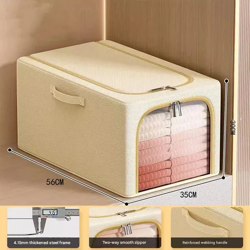 Khaki 56L Slim Foldable Clothes Storage Box Large Capacity Fabric Wardrobe Organiser with Clear Window Dustproof