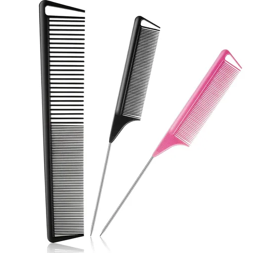 3 Pcs Rat Tail Parting Comb for Braids Carbon Fiber Stainless Steel Pintail Teasing Combs Heat Resistant with Wide Tooth for Men and Women, Hair Stylist, Salon Hairdressing Hair Care Tools