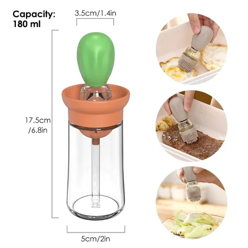 6.09oz Glass Oil Bottle with Brush for Cooking, Ideal for Frying, Baking, And Grilling - Convenient Non-Drip Feature, Easy to Clean Green two-piece set [oil brush + bottle]