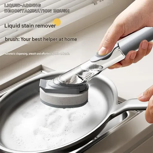 Grey Long Handle Liquid Dispensing Dish Brush（1 brush head） - TPR and PP Construction - Press Button Soap Release, Non Slip Grip, Kitchen Pot Pan Sink Cleaning Tool