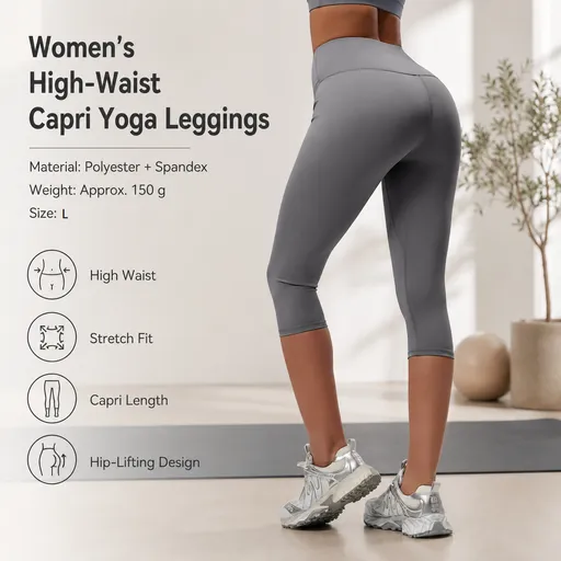 Grey L Size Women's High Waist 3/4 Yoga Leggings - Peach Hip Lift Design, Breathable Stretch Fabric for Gym Running and Daily Wear