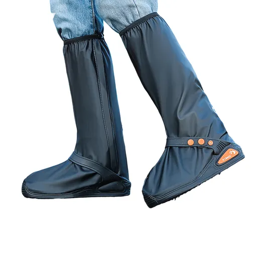 Black High Top Waterproof Rain Shoe Covers - Size 2XL EU 46-47, Thick Sole Reusable Overshoes with Side Zip, Adjustable Strap and Anti-Slip Sole for Cycling and Walking