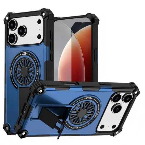 Armor Heavy Duty Magnetic Rotating Ring Kickstand Phone Case For iPhone 15, Anti-Drop Protective Cover In Blue