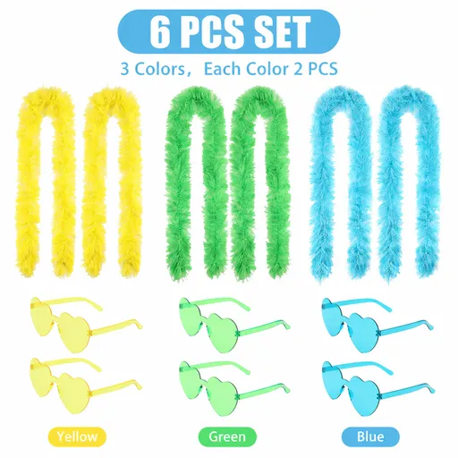 6PCS Festival Party Costume Accessories Set : Heart Shaped Sunglasses and 1.5M Feather Boas - Yellow & Green & Blue Carnival Dress Up Kit, Colour Coordinated Fun Props for Events Celebrations and Photo Booths
