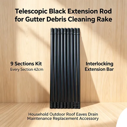 Telescopic Black Extension Rod for Gutter Debris Cleaning Rake, 9 Sections Kit, Every Section 42cm, Interlocking Extension Bar, Household Outdoor Roof Eaves Drain Maintenance Replacement Accessory