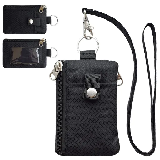 Small Lanyard Wallet for Women/Men with Blocking ID Card Wallet, Minimalist Nylon Zipper Pouch, Travel Neck Wallet with Keychain, ID Window for Card,Coin,Cash (Black)