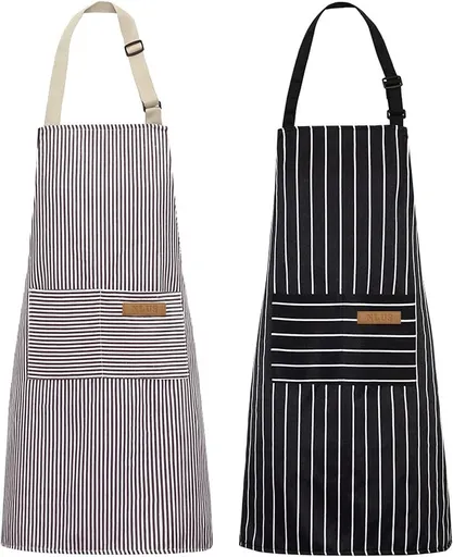 Kitchen Apron - 2 Pieces - Professional Cooking Apron - for Ladies and Gentlemen - Catering Apron - Easily Adjustable - BBQ Apron - Pottery Apron - Cooking Kitchen Aprons - kitchen cooking aprons - soft chef apron with 2 pockets - black/brown stripes
