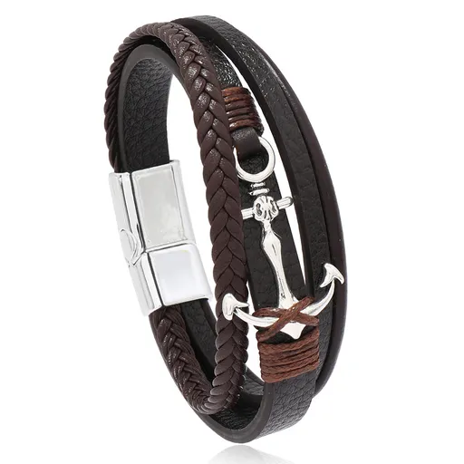2PCS Classic Unisex Vintage Anchor Bracelet – Faux Leather with Magnetic Clasp Design, Perfect for Festival and Party Style, Suitable for Teens.---BROWN