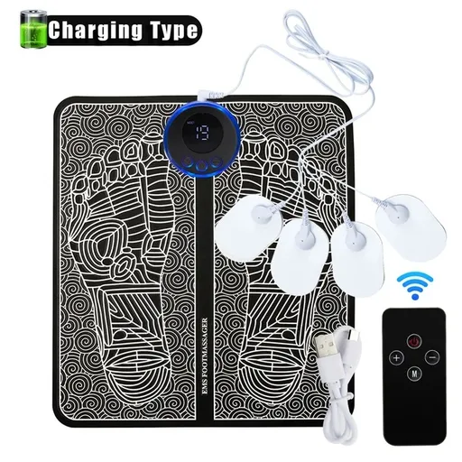 EMS Foot Massager Mat With 4 Adhesive Pads & Remote Control - Pulse Device for Foot Reflexology, Deep Tissue Massage, and Acupressure Stimulation