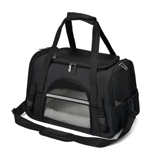 Black Foldable Pet Carrier Bag - Breathable Mesh Soft Sided Travel Carrier, Handheld and Shoulder Carry Design for Cats and Small Dogs up to Approx. 7.5 kg