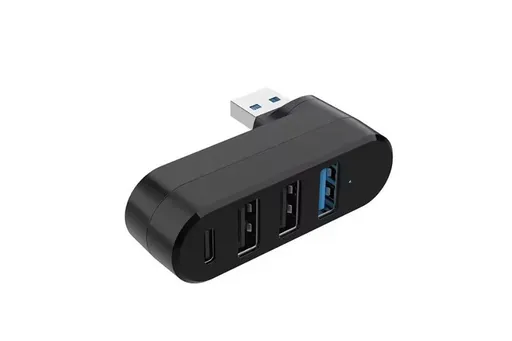 4 Port USB Hub Rotatable 180 Degrees USB Splitter with Type-C for Laptop - Black