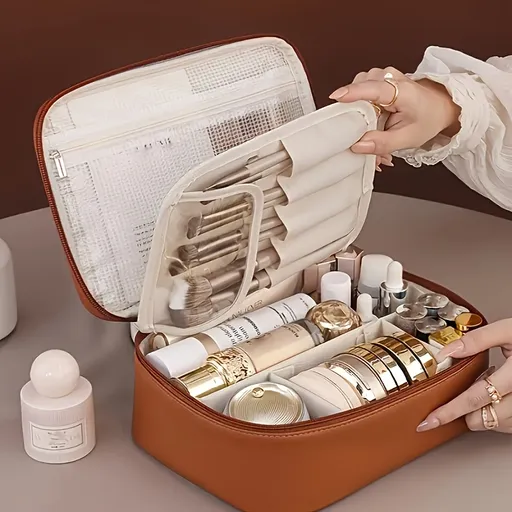 High-capacity multi-layer travel makeup organizer, featuring removable compartments and a brush holder—a portable beauty case, elegantly painted storage box, designed as a standalone unit, no assembly required.（mocha brown）