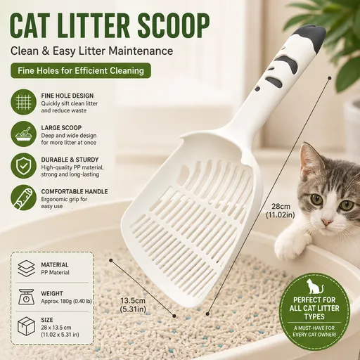White Large-surface cat litter scoop—made of PP material, featuring a fine-mesh design and an ergonomic handle; 28 cm in length. Suitable for tofu litter and clumping litter; an easy-to-clean tool for clearing away pet waste