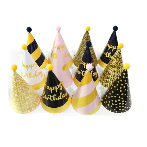 12-piece Birthday Party Hats Set - Gold Pink and Black Paper Cone Hats with Pom Pom Tops, Fun Party Table Decorations, Celebration Accessories for Birthday Events and Themed Gatherings