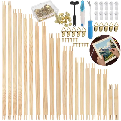 20PCS Wooden Canvas Stretcher Bars with Tacks Remover, 100PCS Thumb Tacks, Storage Box and No-Trace Wall Hanging Kit, 10 Sizes Stretcher Bars for Needlework, Wood Frame for Embroidery Stitch