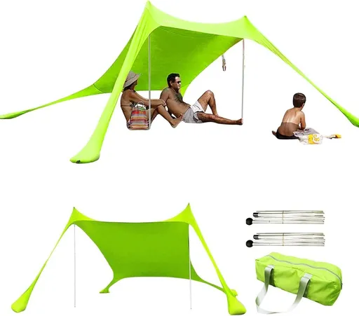 210*170*150CM 2 Poles Beach Tent Shade Canopy with UPF50+ Protection Sun Shelter Portable Camping Tents with Sandbags Poles and Ground Pegs and Anti-Wind Ropes for Beach Outdoor Camping Backyard Picnics - Green