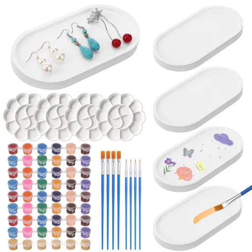 4 Sets Jewelry Dish Making Kit, DIY Jewelry Tray Kit, Paintable Plaster Dish Set with Acrylic Paints and Brushes, Unpainted Trinket Storage Trays for Decor