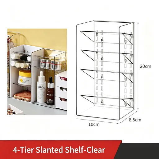 4 Tier Slanted Grid Acrylic Storage Rack, Clear Cosmetic Display Holder For Makeup Brushes & Skincare Items