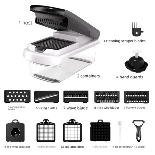 Black Multifunctional Vegetable Slicer – Manual Kitchen Cutter with Adjustable Blades for Slicing, Dicing, Shredding, Garlic Grinding, and Egg White Separation