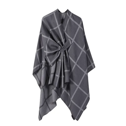 Grey Elegant Check Knit Travel Shawl with Stylish Side-Slit Design - Fall & Winter Luxurious Cashmere-Feel Pullover Cape (135 x 155 CM)