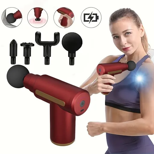 Portable Deep Tissue Massage Gun, High-Frequency Percussion for Soreness Relief, 6 Speeds, 4 Heads, Quiet & Lightweight, 15-Min Auto Off.(RED)