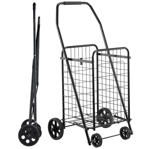 Shopping Cart, Folding Grocery Utility Cart with Swivel Wheels, 40.8 kg Large Load Capacity, Heavy Duty Rolling Laundry Basket Butler for Laundry, Shopping, Camping, Grocery, Luggage, Black
