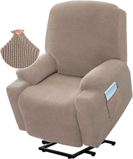 Recliner Slipcover High Stretch Soft Jacquard Fabric with Side Pocket for Standard Power Lift Recliner Beige, Letter E Option