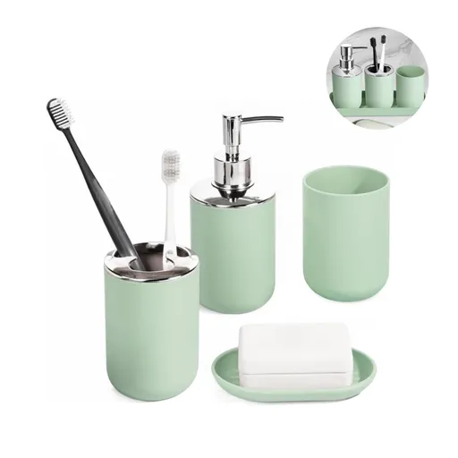Set 4 Pcs Green Bathroom Accessories,Cute Bathroom Decor,Plastic Soap Dispenser and Toothbrush Holder Set,Soap Dish and Mouthwash Cup Green