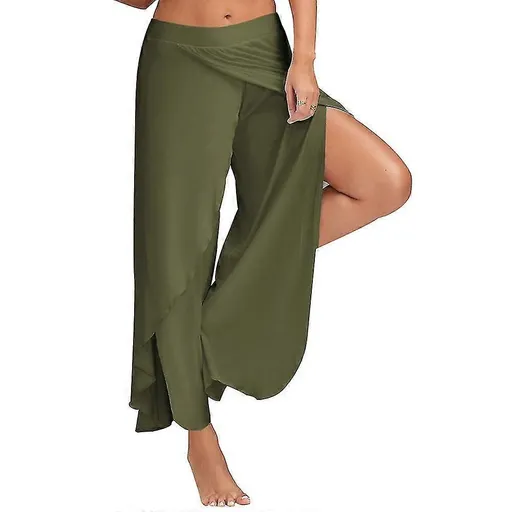 Women's Harem Palazzo Pants Wide Leg Split Flowy Loose Fit Casual Yoga Trousers Plus Army Green - L