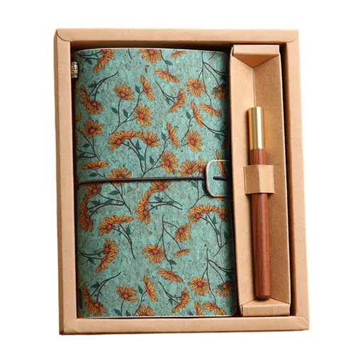 Wild Rose Retro A6 Travelers Leather Notebook & Wooden Pen Gift Box - Floral Botanical Loose-Leaf Journal with Bronze Charm, Kraft Paper and Lined Paper