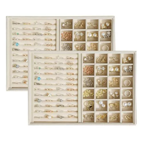 Large Velvet Jewelry Tray Display Drawer Inserts 2 Pack Stackable Jewelry Organizer for Earring Bracelet Necklace Ring Ring and 24 Grids - Beige - Size Ring and 24 Grids