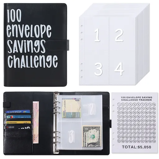 100 Envelope Savings Challenge Binder A5 Budget Planner Book PU Leather Cash Stuffing Money Organiser with Magnetic Closure & Tracker (Black)