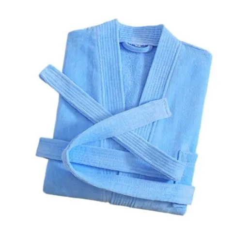 Blue Soft Absorbent 100% Cotton Terry Bathrobe - 120cm Long Adult Towel Robe with 140cm Chest, Overlapping Collar, Waist Belt and Pockets for Home Bath and Spa