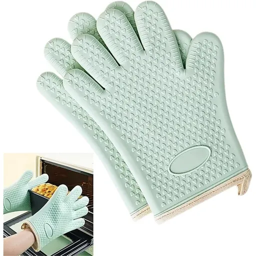 1 pair Silicone Oven Mitts Heat Resistant ,Waterproof & Non-Slip Oven Gloves with Fingers,Cotton Lined Silicone Oven Gloves Kitchen Mitts for Baking Cooking Barbecue,Women (Green)