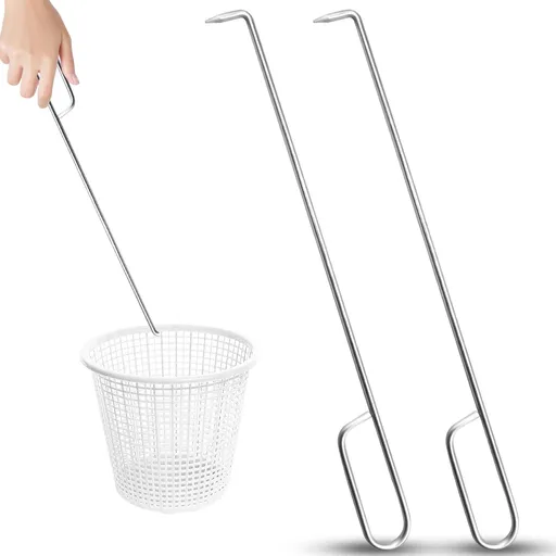 2Pcs Pool Skimmer Hook, Stainless Steel Skimmer Basket Handle Extended Knee Protection Pool Skimmer Basket Hook Tool for Cleaning Swimming Pool Debris Skimmer Basket Hook, Protect Hands Skimmer Hook