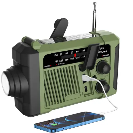 Emergency Solar and Hand Crank Radio with USB Charging, LED Torch and SOS Alarm for Camping, Hiking and Power Outages, Green
