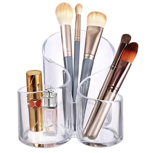 Acrylic Makeup Brush Holder Clear Cosmetics Brush Organizer Remote Control Holder Office Desktop Pen/Pencil Pot , 3 Compartment