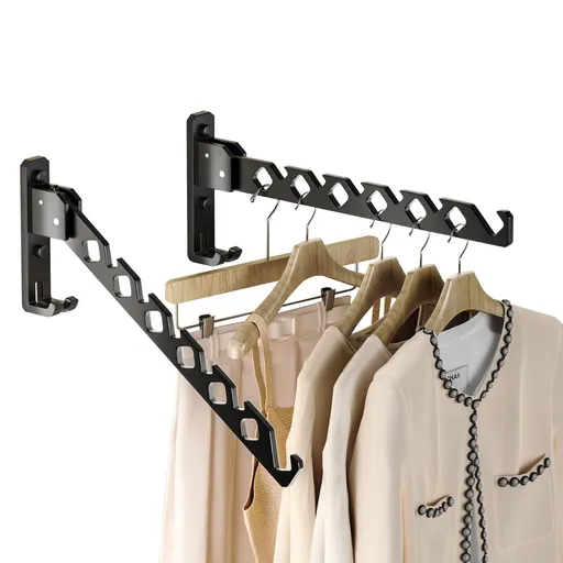Garment Hooks Aluminium Retractable Folding Indoor Wall Mounted Hanger Space Saver for Laundry Room Bedroom Black 2Pack